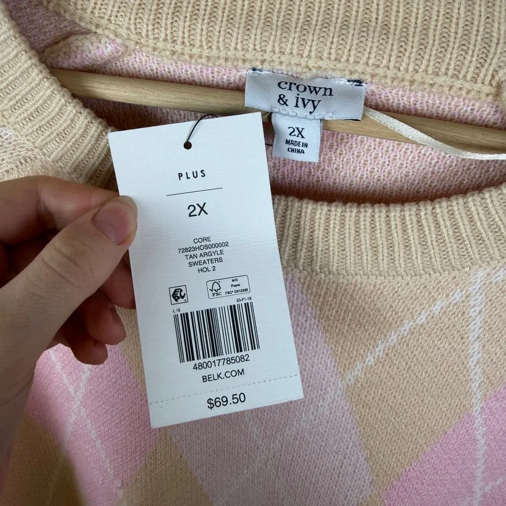NWT Crown & Ivy Argyle Jacquard Crew Neck Sweater‎ Size 2X Coquette Preppy Comfy